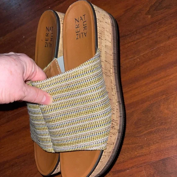 Naturalizer Kirstin Stripe Cork Platform Shoe Wedge Sandal yellow tan mule sz 9 - Picture 8 of 16